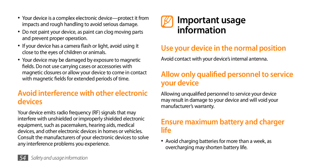 Samsung GT-S8500BAAVIA manual Avoid interference with other electronic devices, Ensure maximum battery and charger life 