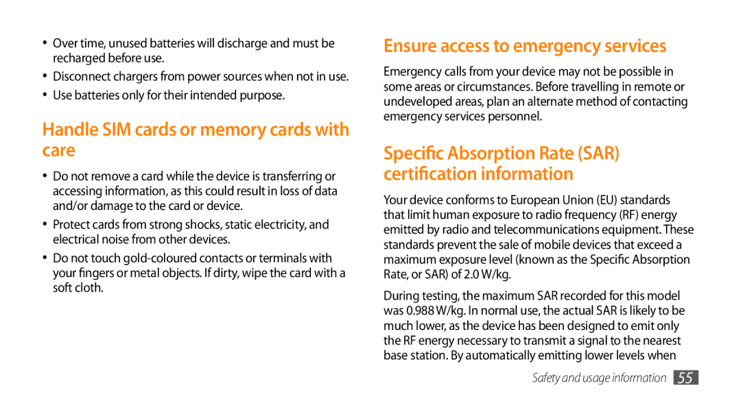 Samsung GT-S8500BAADBT manual Handle SIM cards or memory cards with care, Use batteries only for their intended purpose 