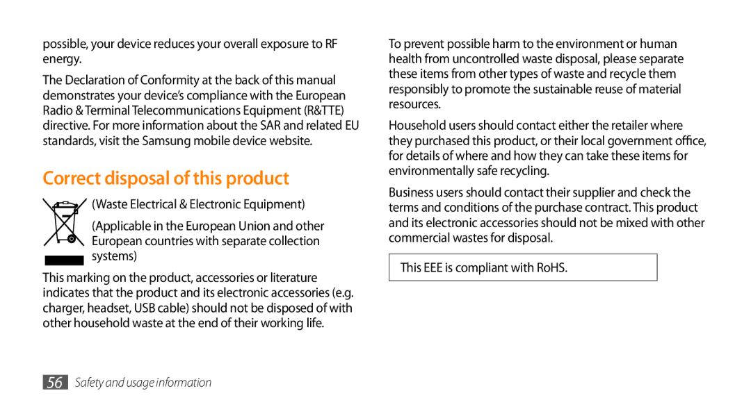 Samsung GT-S8500ISAVIA, GT-S8500BAAEPL, GT-S8500BAADTM Correct disposal of this product, This EEE is compliant with RoHS 