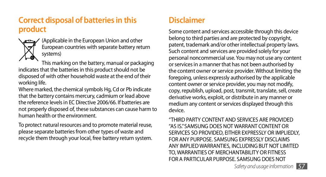 Samsung GT-S8500HKAVD2, GT-S8500BAAEPL, GT-S8500BAADTM manual Correct disposal of batteries in this product, Disclaimer 