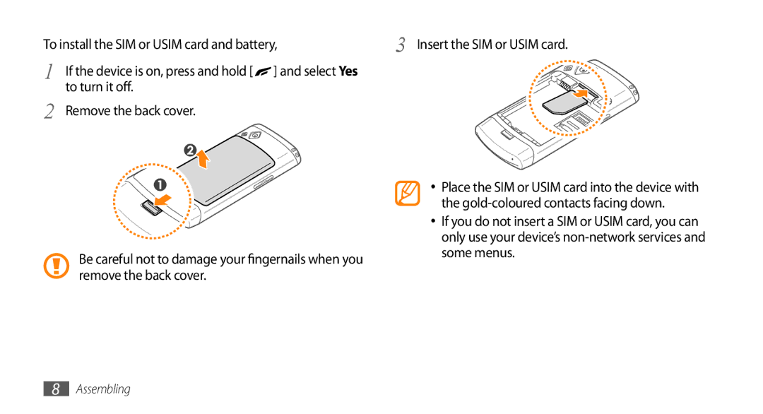 Samsung GT-S8500BAADTO, GT-S8500BAAEPL manual To turn it off Remove the back cover, Gold-coloured contacts facing down 