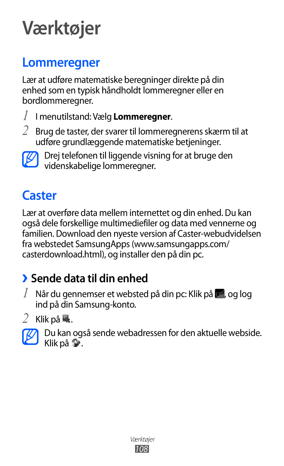 Samsung GT-S8500BAANEE, GT-S8500BAAXEE, GT-S8500BAATDC manual Værktøjer, Lommeregner, Caster, ››Sende data til din enhed 