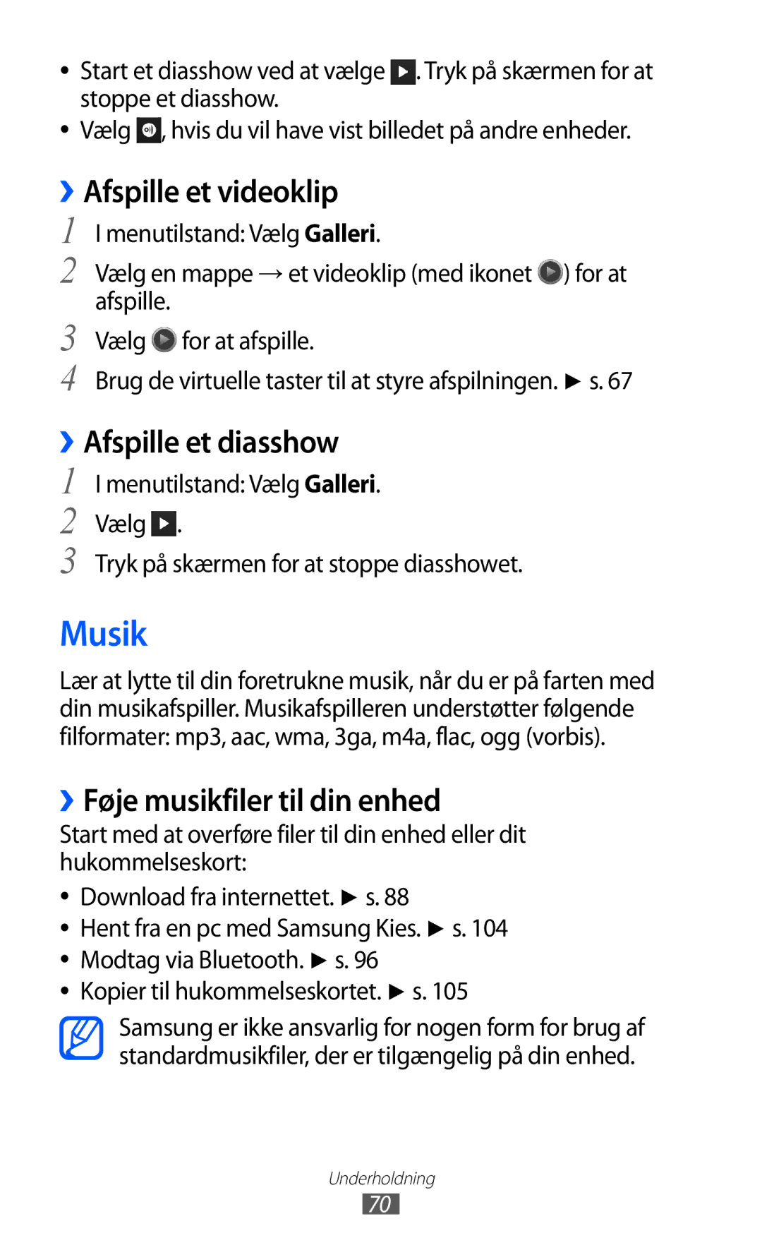 Samsung GT-S8500BAATDC Musik, ››Afspille et diasshow, ››Føje musikfiler til din enhed, Kopier til hukommelseskortet. s 