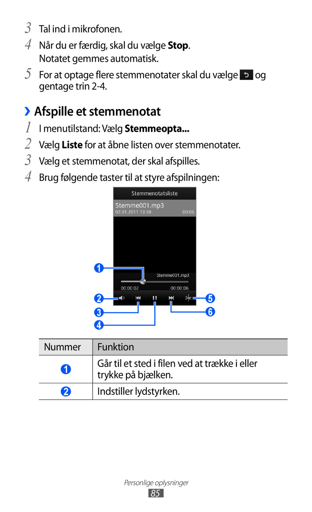 Samsung GT-S8500BAAXEE, GT-S8500BAANEE, GT-S8500BAATDC, GT-S8500ISAXEE manual ››Afspille et stemmenotat, Tal ind i mikrofonen 