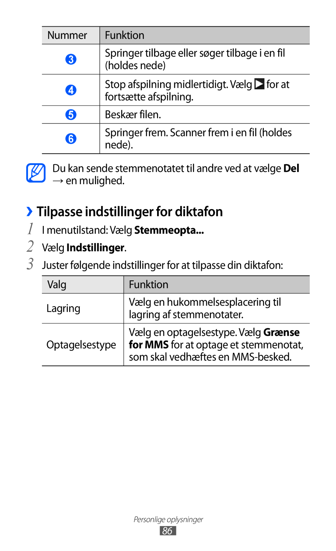 Samsung GT-S8500BAATDC manual ››Tilpasse indstillinger for diktafon, Menutilstand Vælg Stemmeopta, Vælg Indstillinger 