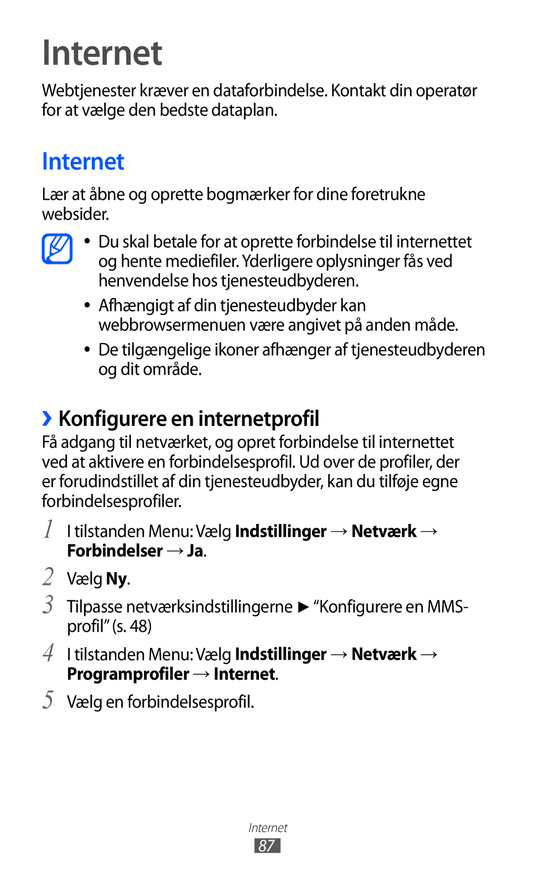 Samsung GT-S8500ISAXEE, GT-S8500BAANEE, GT-S8500BAAXEE manual ››Konfigurere en internetprofil, Programprofiler → Internet 