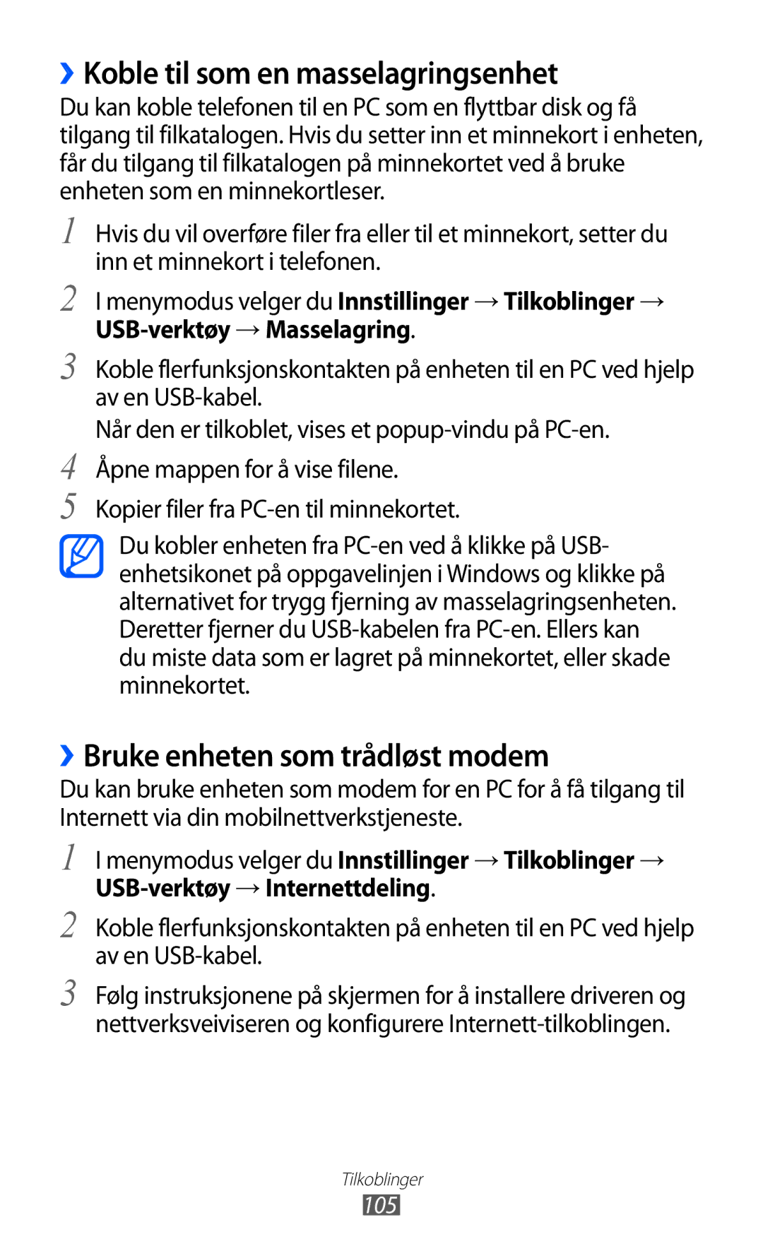 Samsung GT-S8500BAAXEE, GT-S8500BAANEE manual ››Koble til som en masselagringsenhet, ››Bruke enheten som trådløst modem, 105 