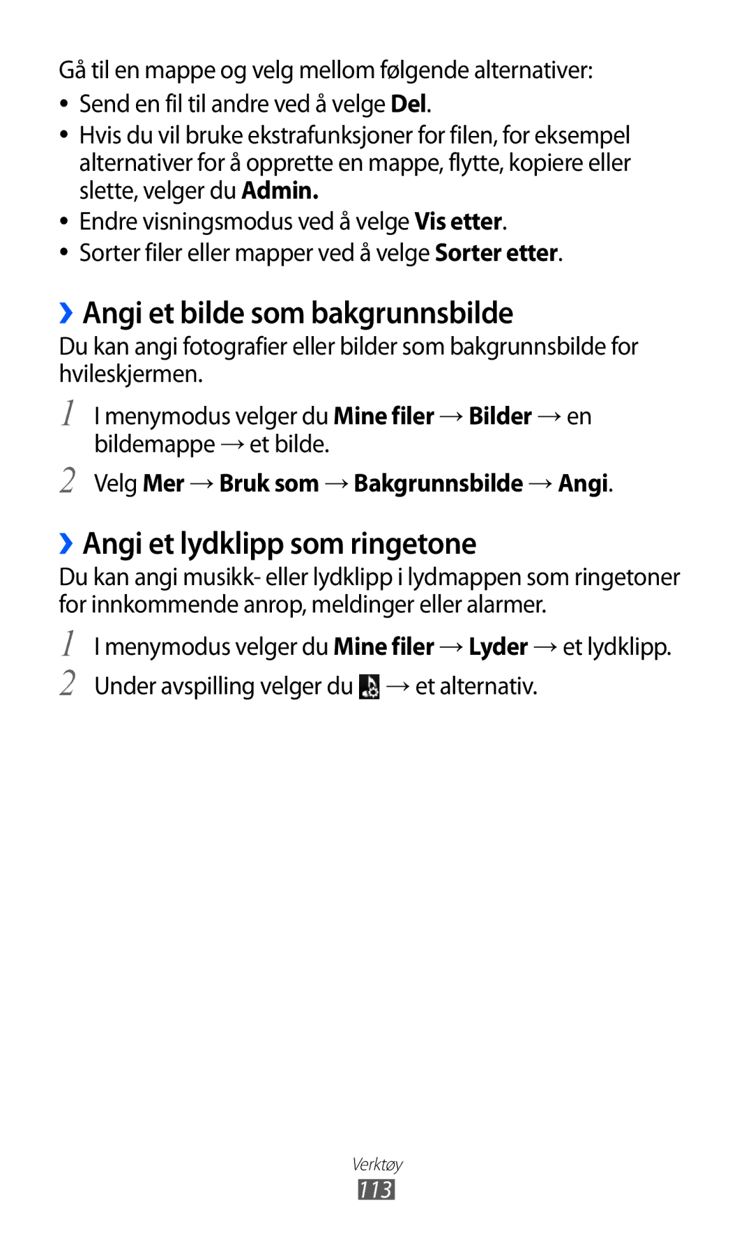 Samsung GT-S8500BAAXEE, GT-S8500BAANEE manual ››Angi et bilde som bakgrunnsbilde, ››Angi et lydklipp som ringetone, 113 