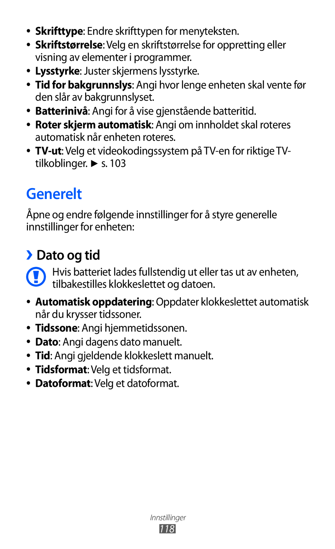 Samsung GT-S8500BAATDC, GT-S8500BAANEE, GT-S8500BAAXEE, GT-S8500ISAXEE manual Generelt, ››Dato og tid, 118 