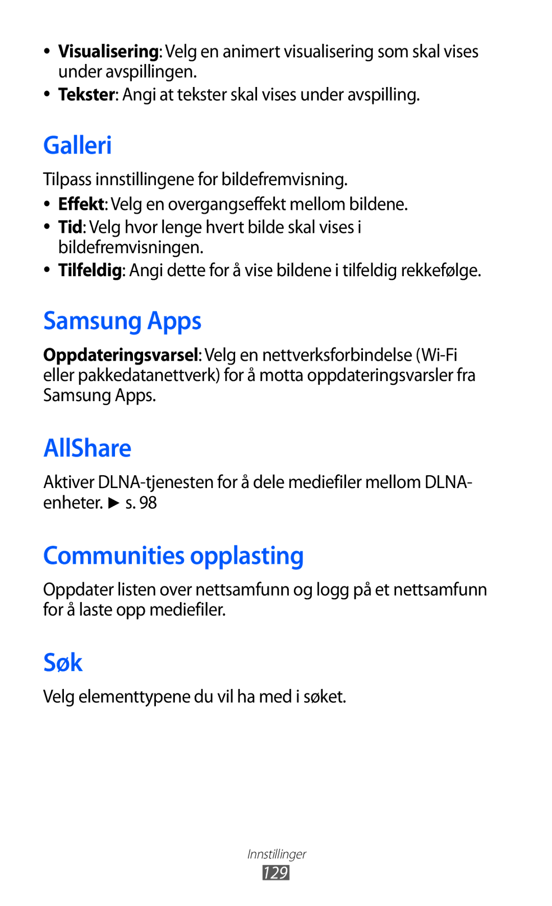 Samsung GT-S8500BAAXEE, GT-S8500BAANEE manual Communities opplasting, Søk, Velg elementtypene du vil ha med i søket, 129 