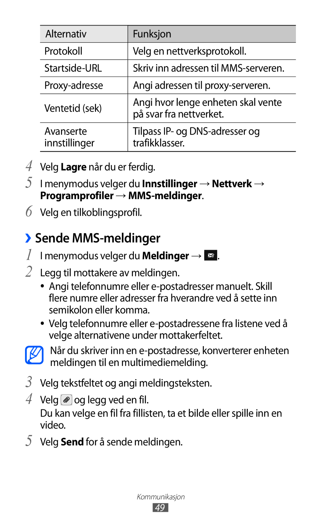 Samsung GT-S8500BAAXEE, GT-S8500BAANEE ››Sende MMS-meldinger, Proxy-adresse Angi adressen til proxy-serveren Ventetid sek 