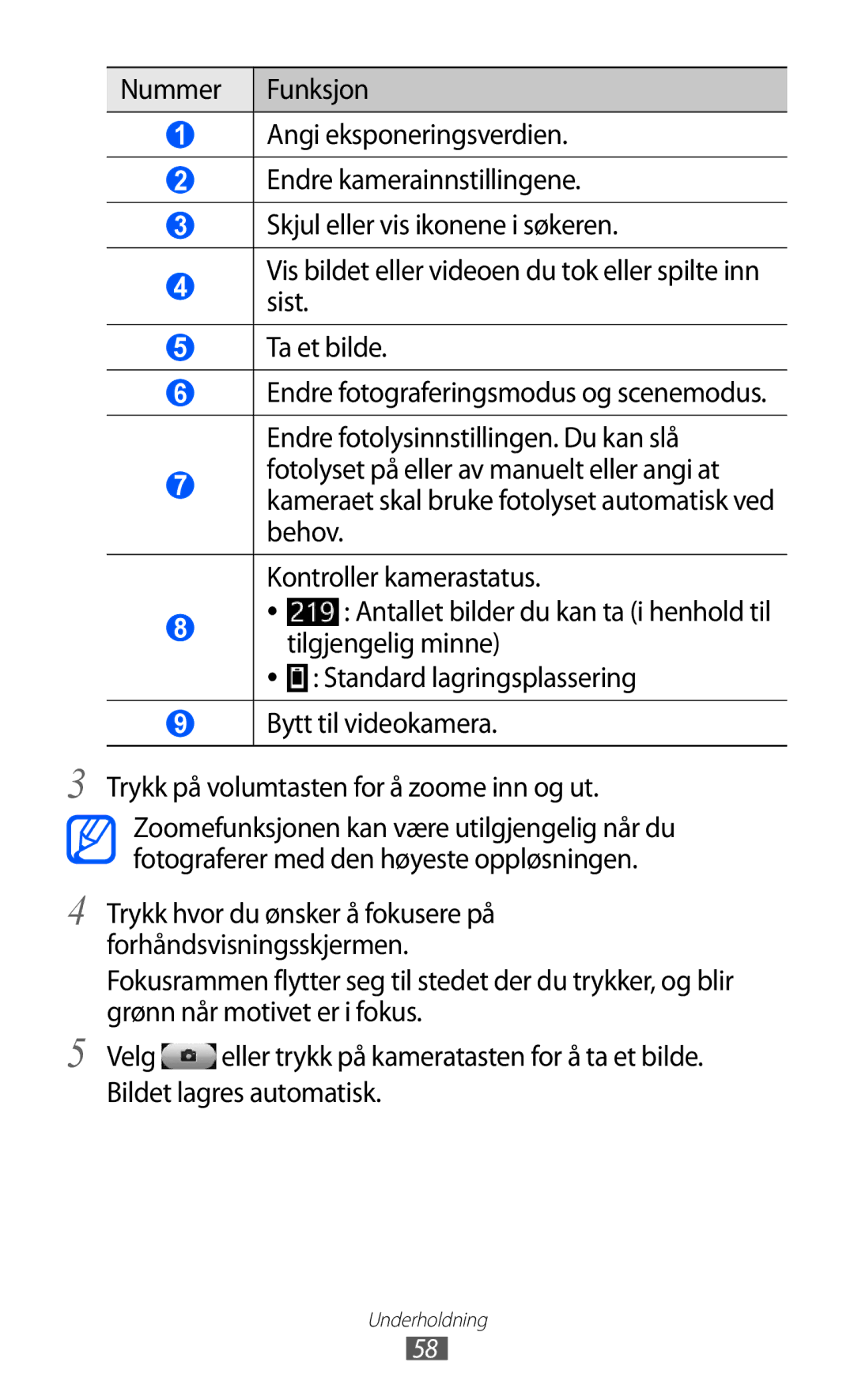 Samsung GT-S8500BAATDC, GT-S8500BAANEE, GT-S8500BAAXEE manual Trykk hvor du ønsker å fokusere på forhåndsvisningsskjermen 