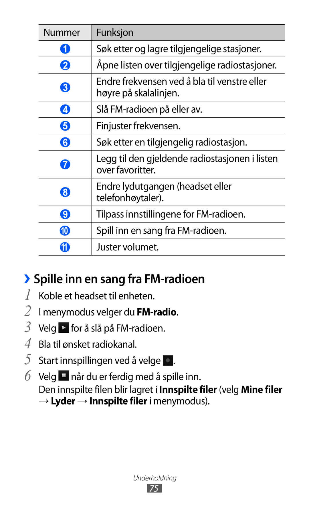 Samsung GT-S8500ISAXEE, GT-S8500BAANEE manual ››Spille inn en sang fra FM-radioen, → Lyder → Innspilte filer i menymodus 