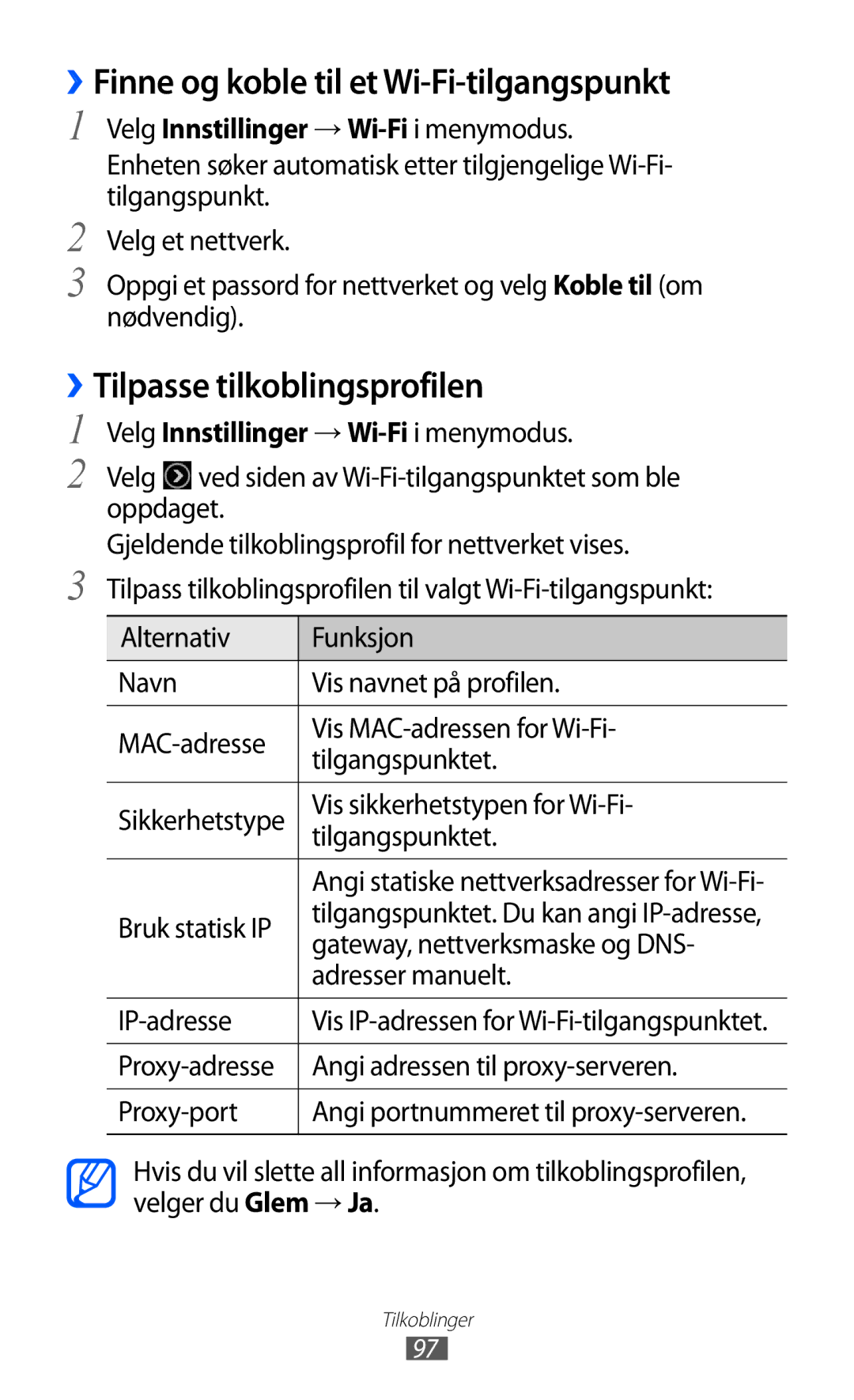 Samsung GT-S8500BAAXEE, GT-S8500BAANEE manual ››Finne og koble til et Wi-Fi-tilgangspunkt, ››Tilpasse tilkoblingsprofilen 