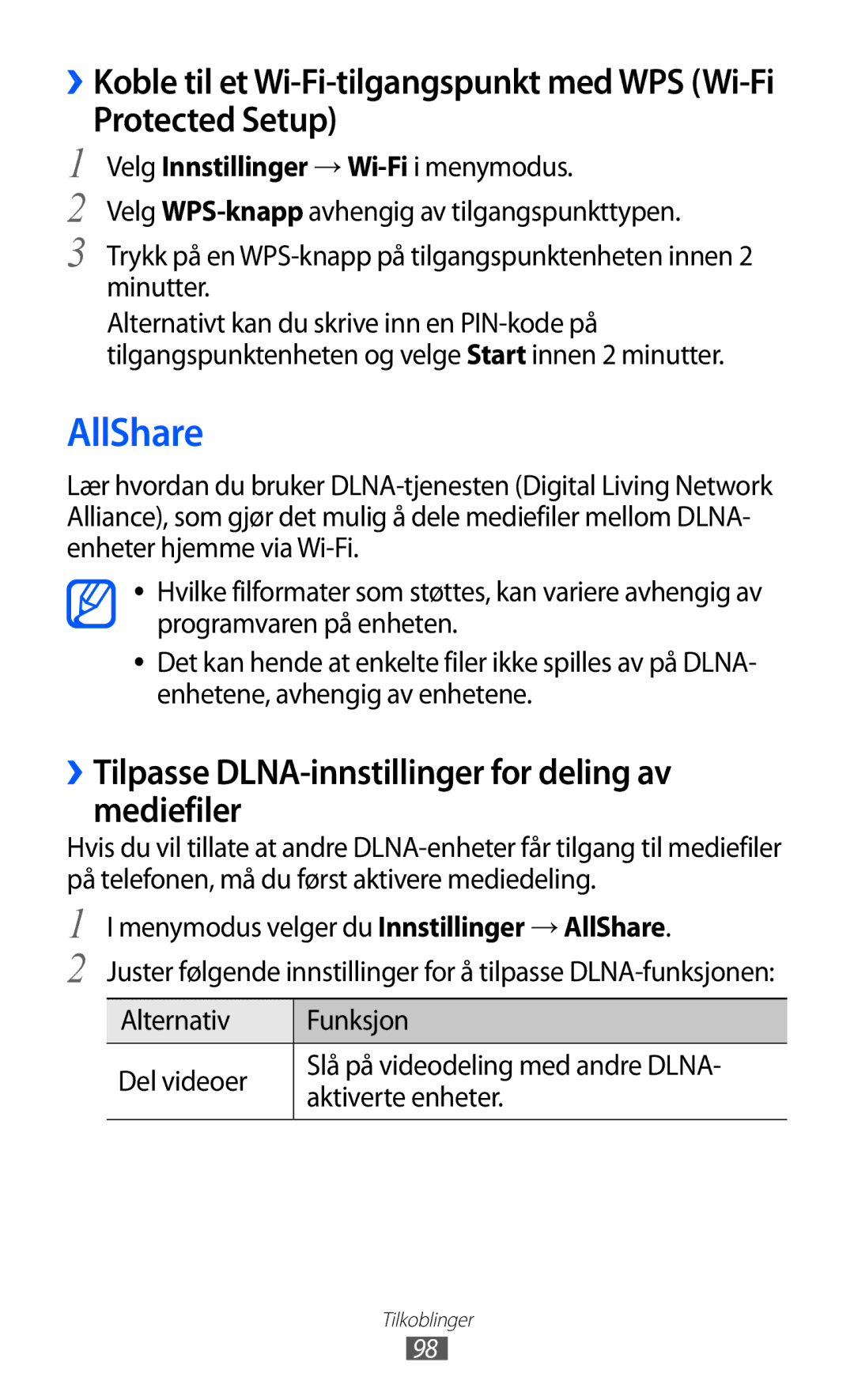 Samsung GT-S8500BAATDC, GT-S8500BAANEE AllShare, Protected Setup, ››Tilpasse DLNA-innstillinger for deling av mediefiler 