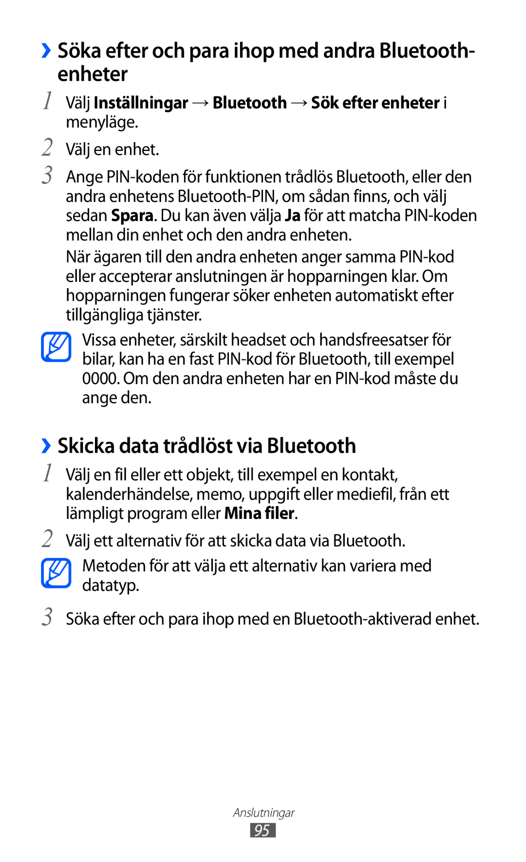 Samsung GT-S8500ISAXEE manual ››Söka efter och para ihop med andra Bluetooth- enheter, ››Skicka data trådlöst via Bluetooth 