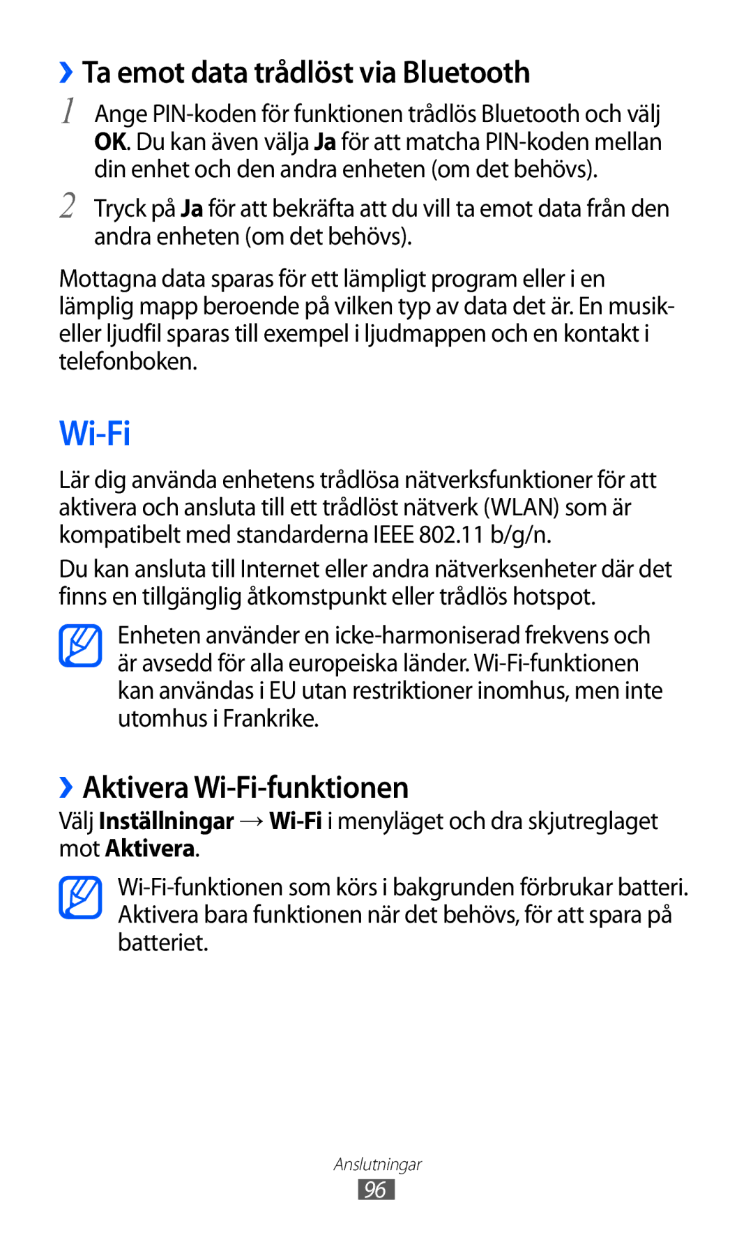 Samsung GT-S8500BAANEE, GT-S8500BAAXEE manual ››Ta emot data trådlöst via Bluetooth, ››Aktivera Wi-Fi-funktionen 