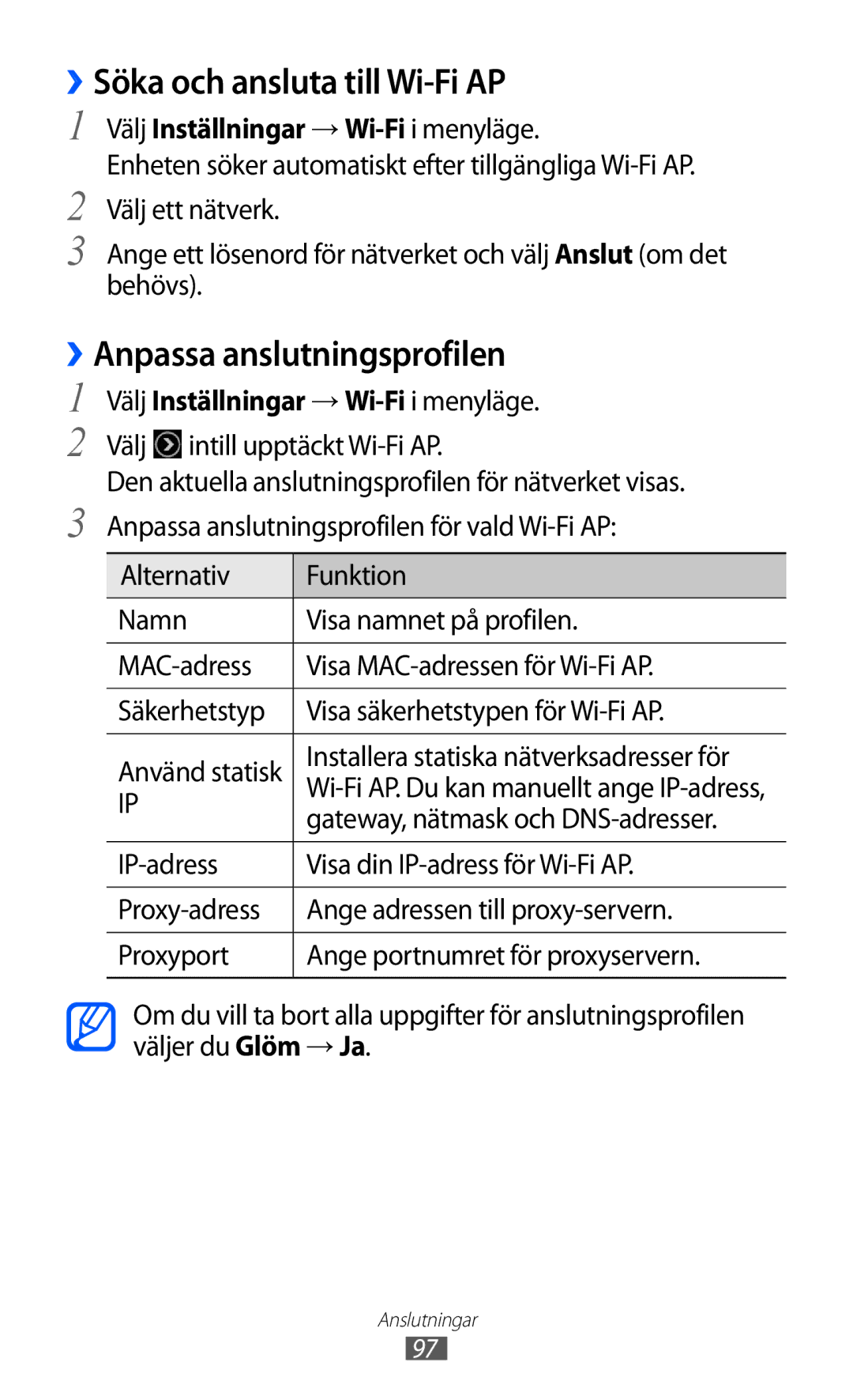 Samsung GT-S8500BAAXEE ››Söka och ansluta till Wi-Fi AP, ››Anpassa anslutningsprofilen, Välj intill upptäckt Wi-Fi AP 