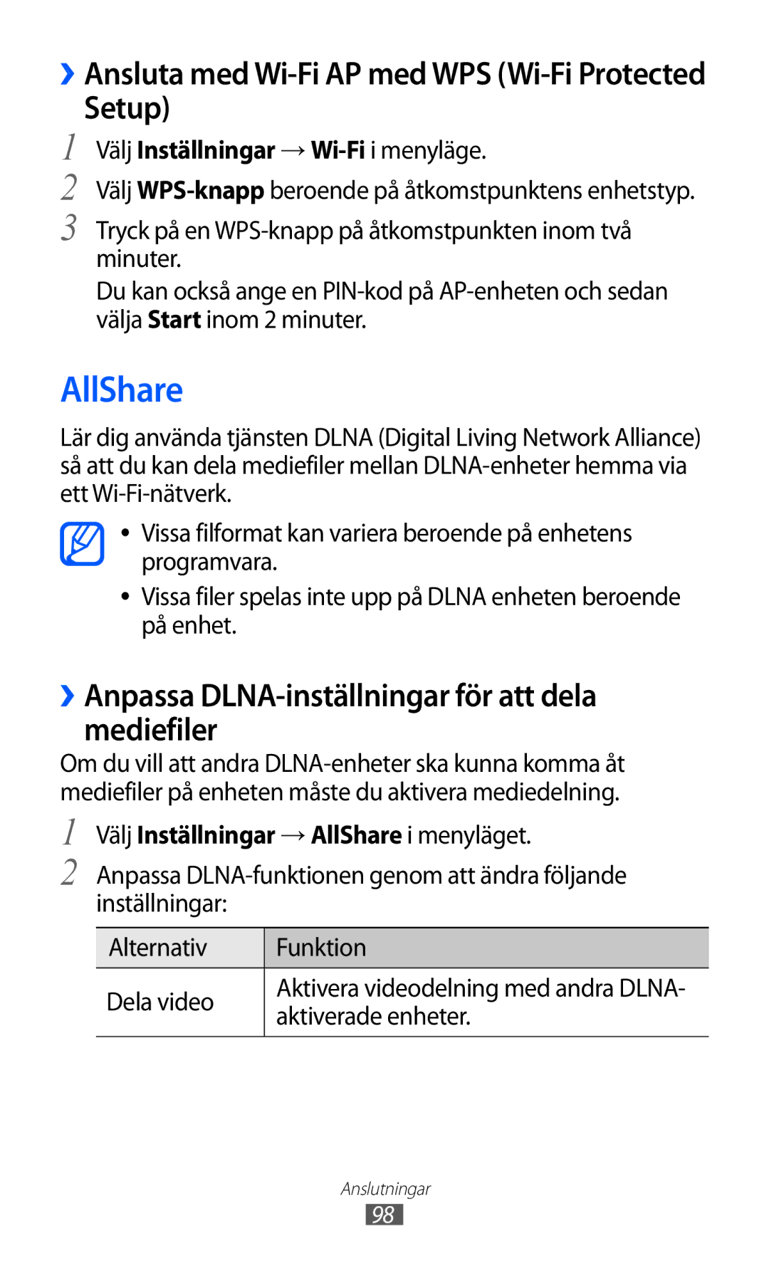 Samsung GT-S8500BAATDC manual AllShare, Setup, ››Anpassa DLNA-inställningar för att dela mediefiler, Aktiverade enheter 