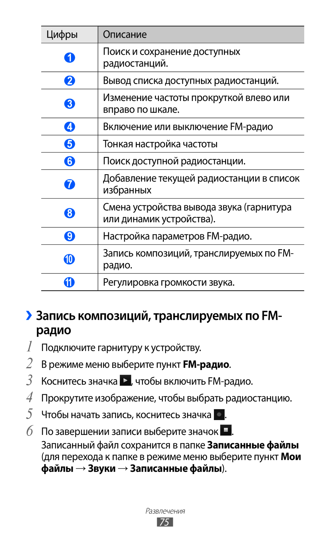 Samsung GT-S8500LRASER manual ››Запись композиций, транслируемых по FM- радио, Радио, 11 Регулировка громкости звука 