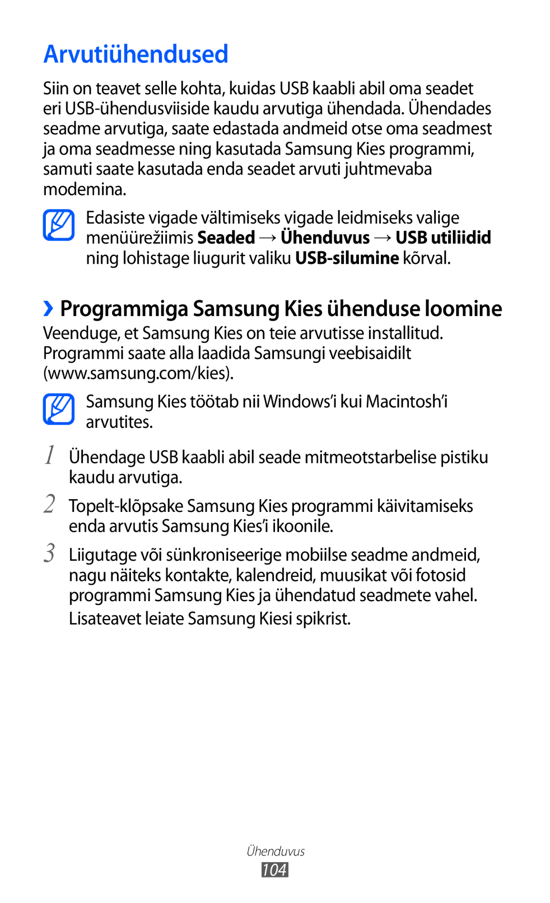 Samsung GT-S8500BAASEB manual Arvutiühendused, Lisateavet leiate Samsung Kiesi spikrist 