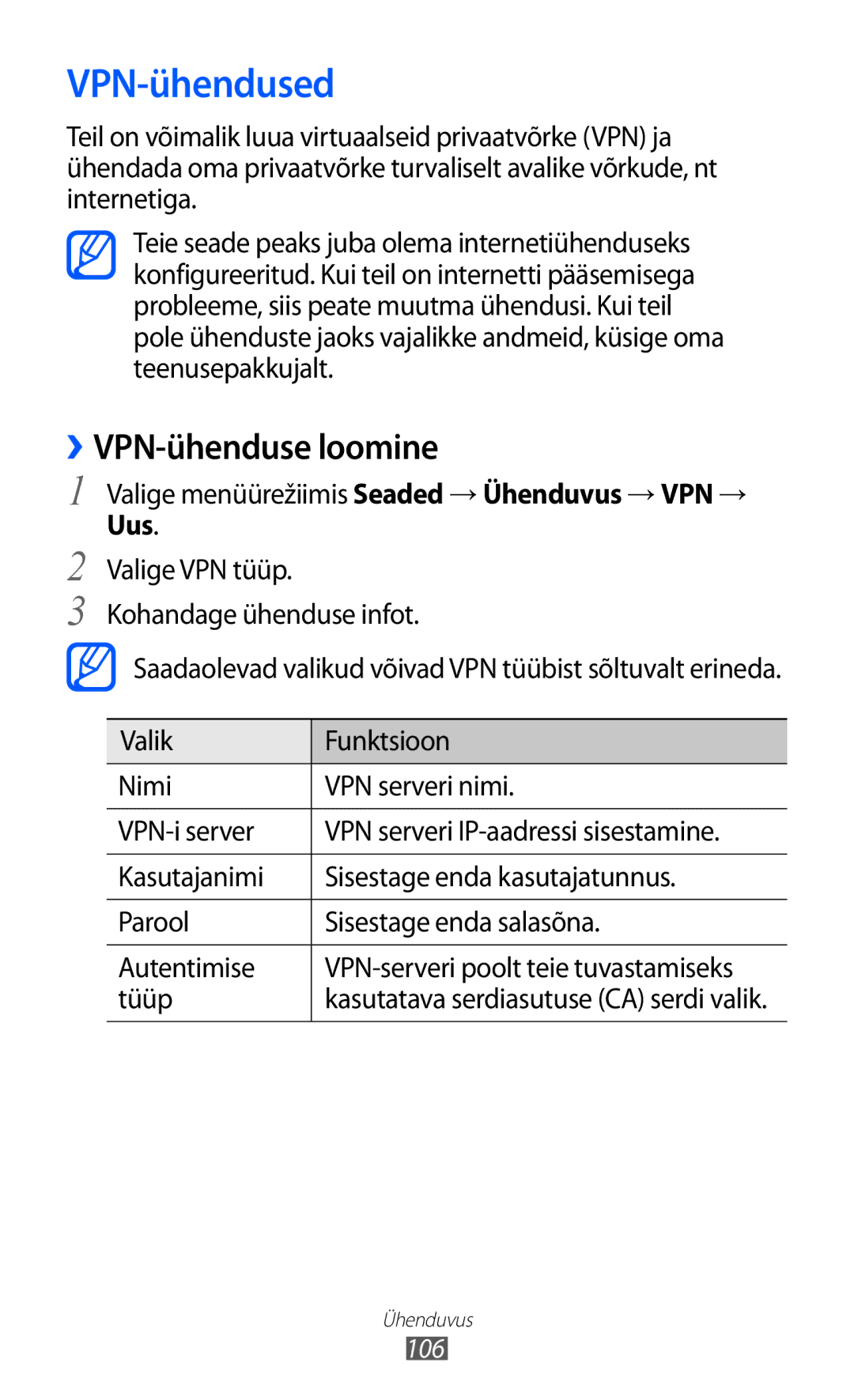 Samsung GT-S8500BAASEB manual VPN-ühendused, ››VPN-ühenduse loomine, Valige menüürežiimis Seaded → Ühenduvus → VPN →, Uus 