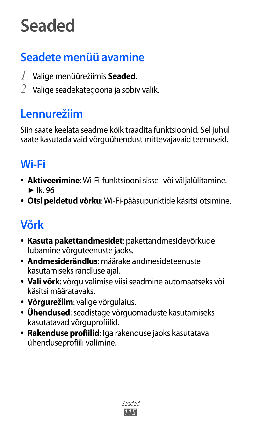 Samsung GT-S8500BAASEB manual Seaded, Seadete menüü avamine, Lennurežiim, Võrk 