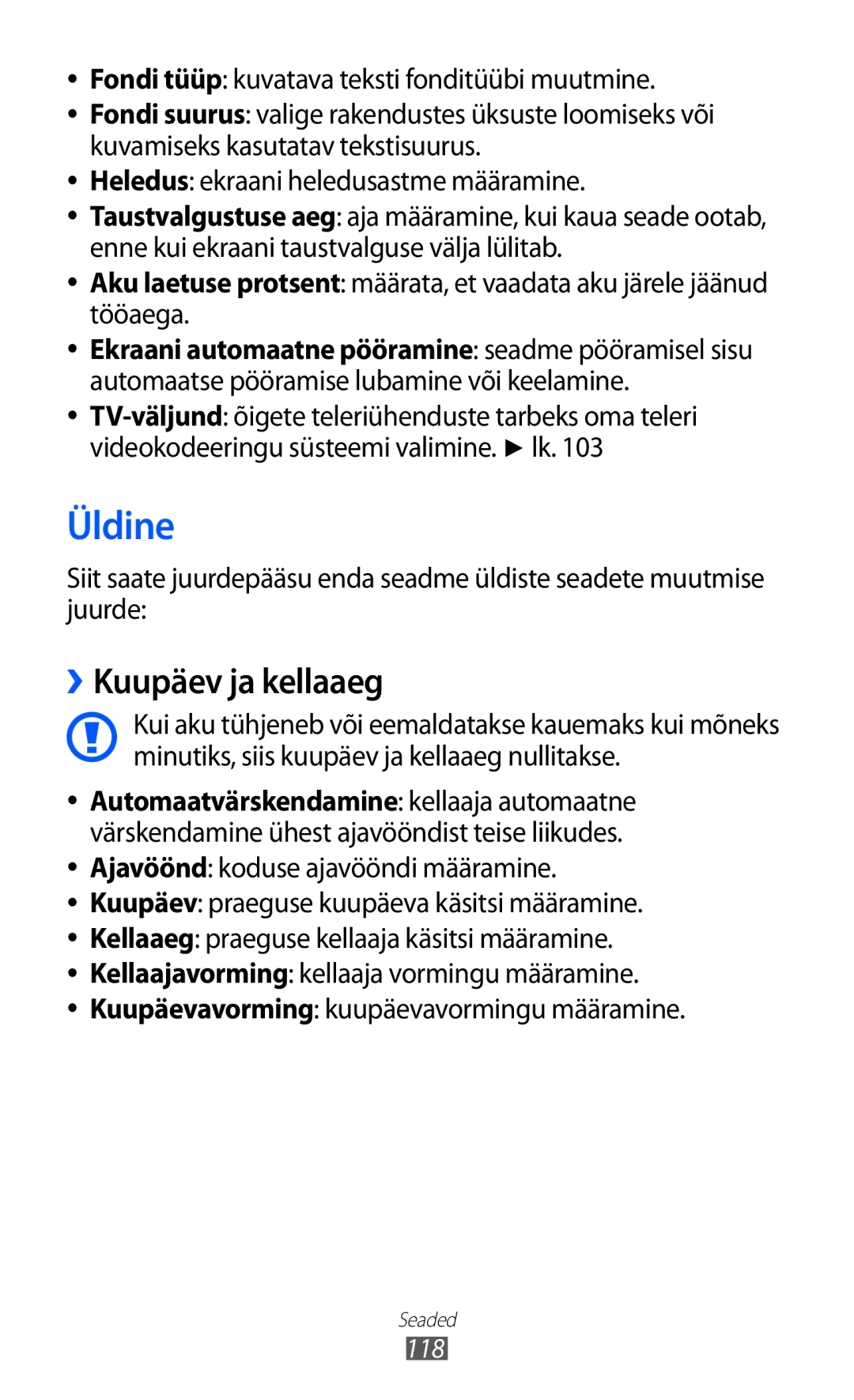 Samsung GT-S8500BAASEB manual Üldine, ››Kuupäev ja kellaaeg 