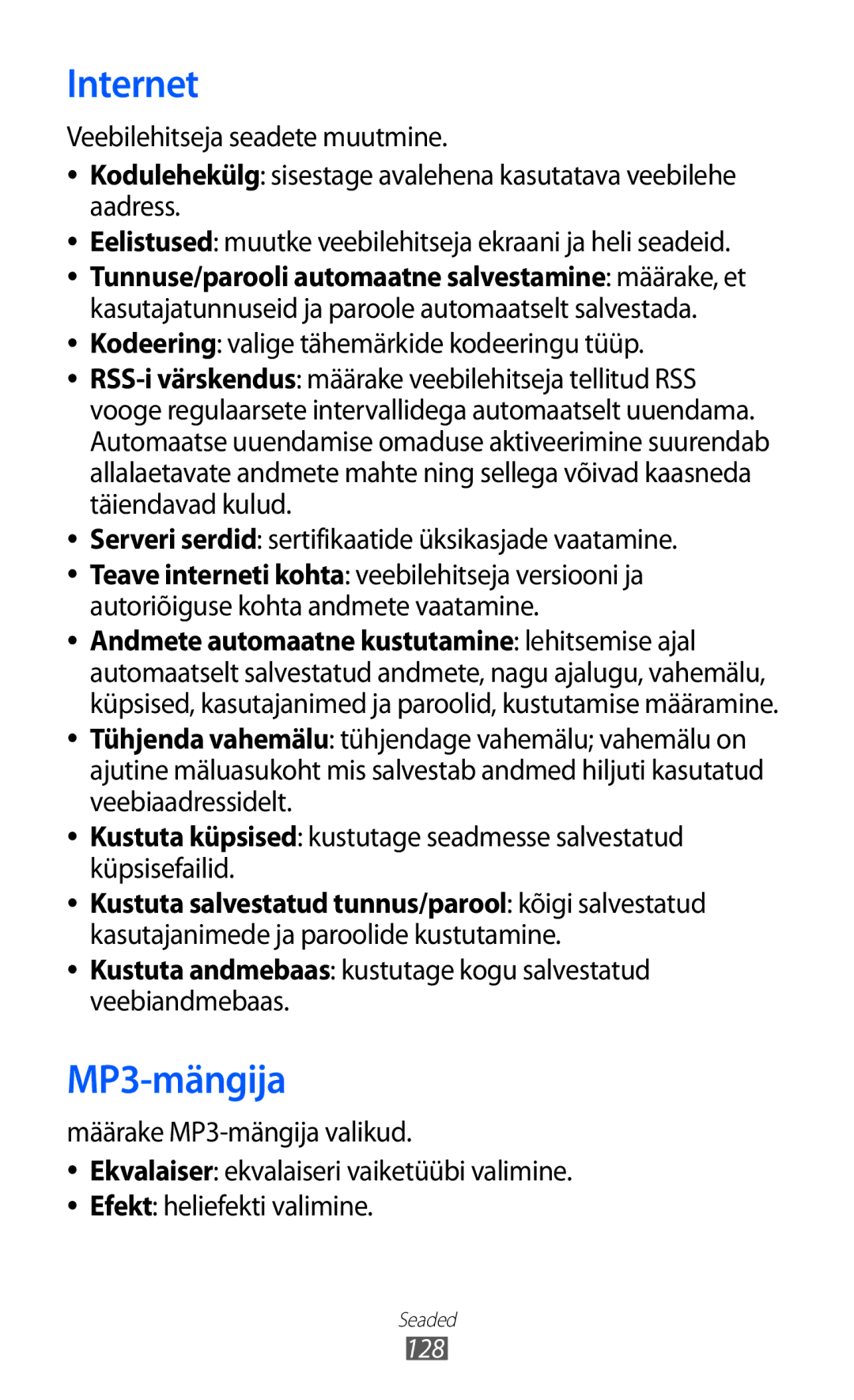 Samsung GT-S8500BAASEB manual MP3-mängija, Kustuta andmebaas kustutage kogu salvestatud veebiandmebaas 