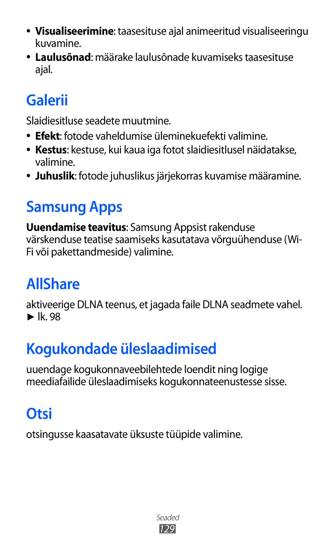 Samsung GT-S8500BAASEB manual Kogukondade üleslaadimised, Otsingusse kaasatavate üksuste tüüpide valimine 