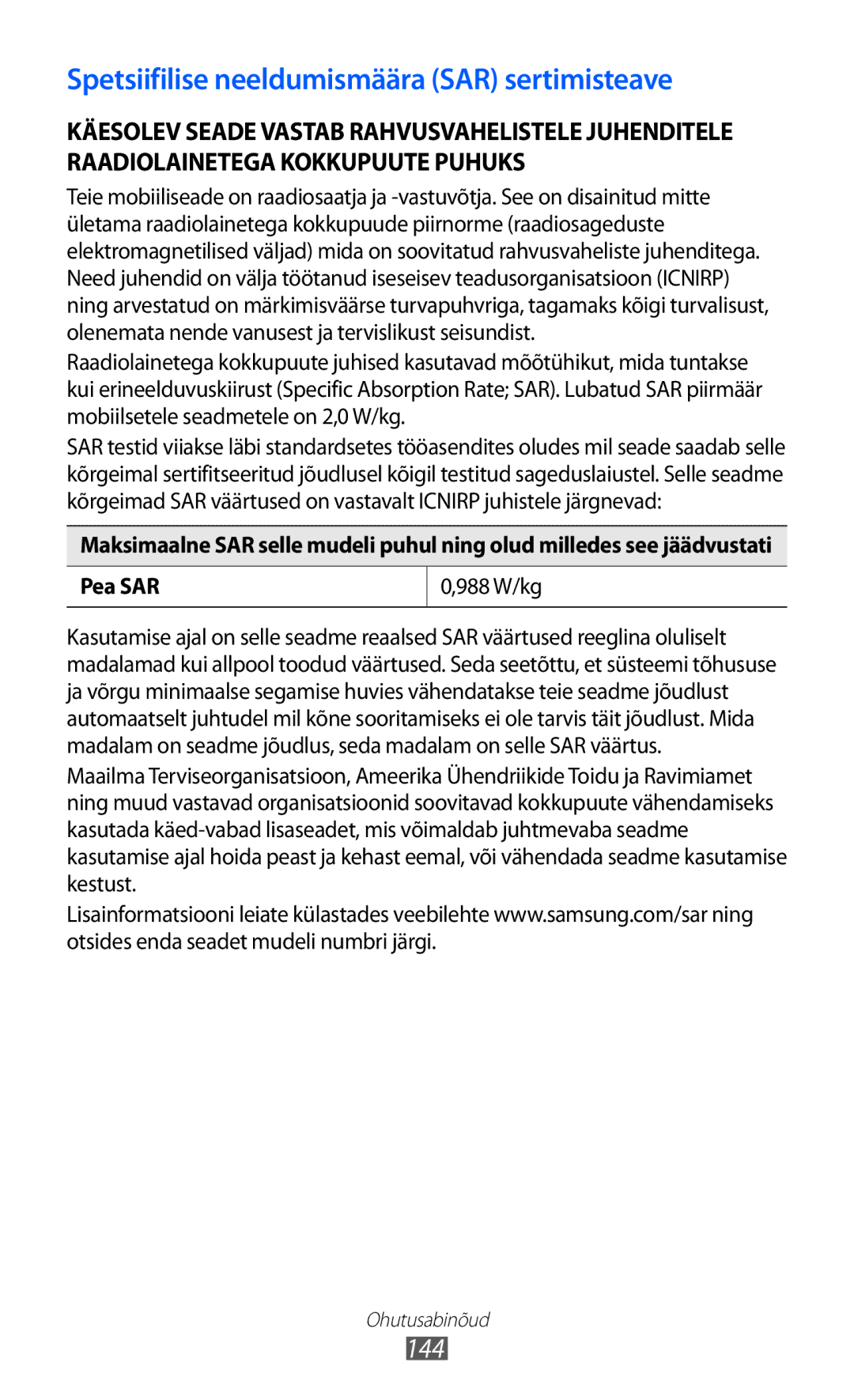 Samsung GT-S8500BAASEB manual Spetsiifilise neeldumismäära SAR sertimisteave 