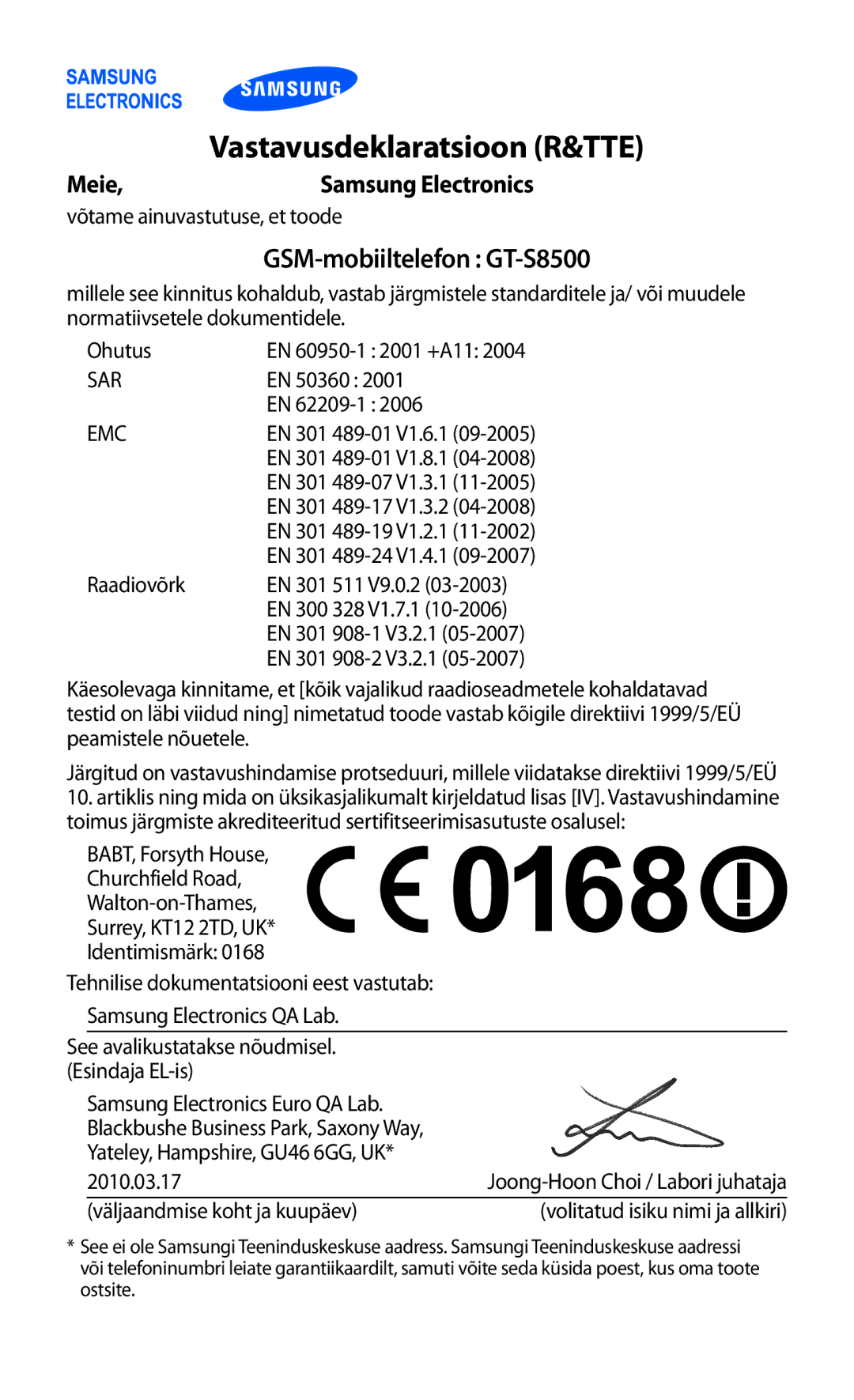 Samsung GT-S8500BAASEB manual Vastavusdeklaratsioon R&TTE 