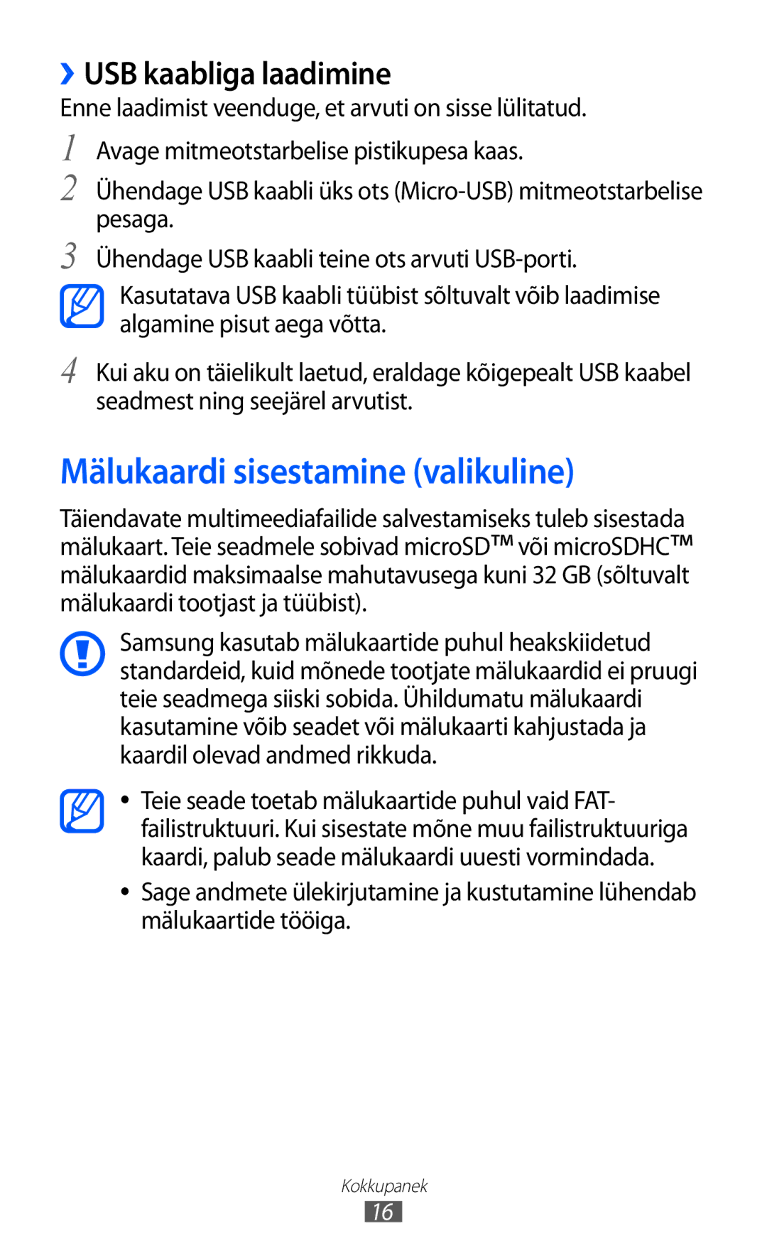 Samsung GT-S8500BAASEB manual Mälukaardi sisestamine valikuline, ››USB kaabliga laadimine 