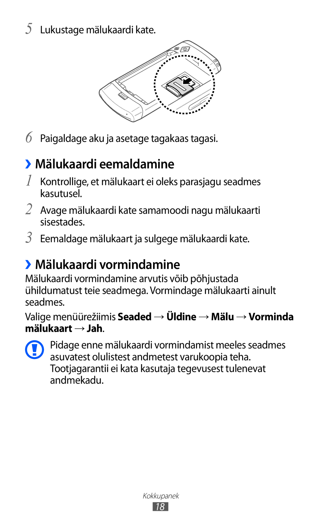 Samsung GT-S8500BAASEB manual ››Mälukaardi eemaldamine, ››Mälukaardi vormindamine 