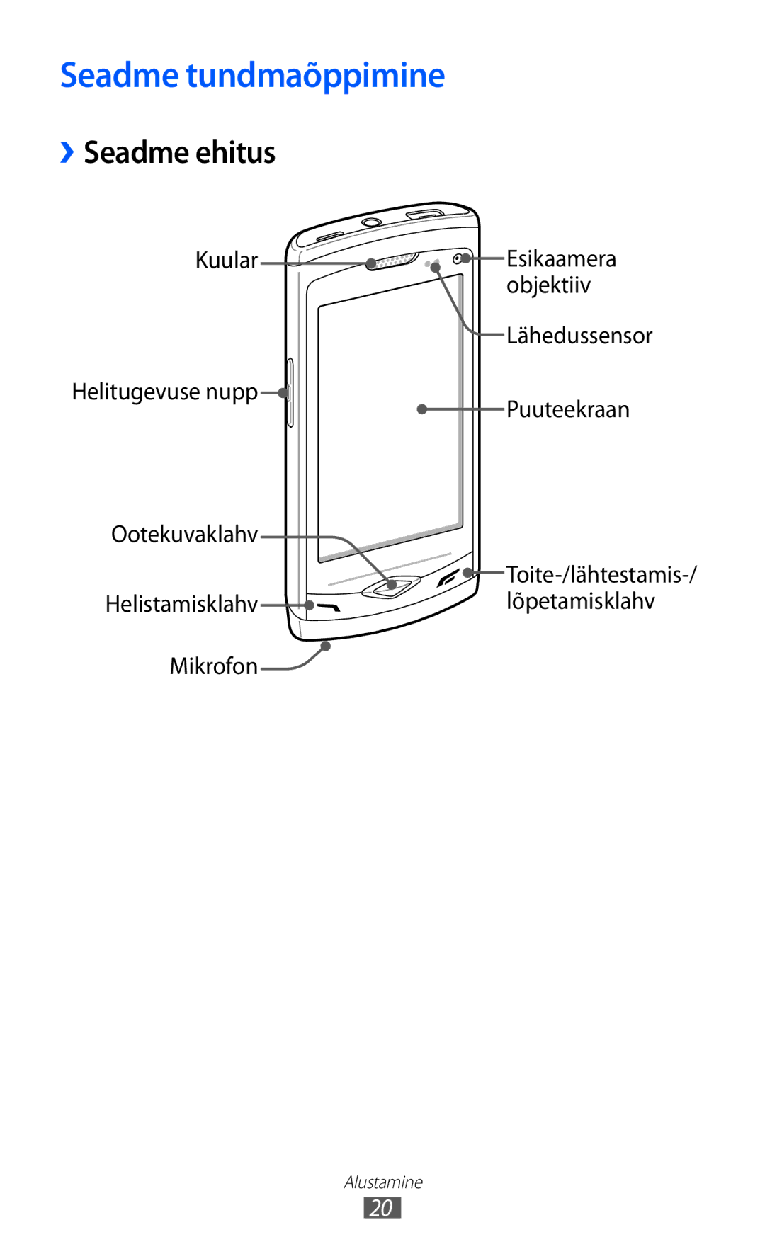 Samsung GT-S8500BAASEB manual Seadme tundmaõppimine, ››Seadme ehitus 