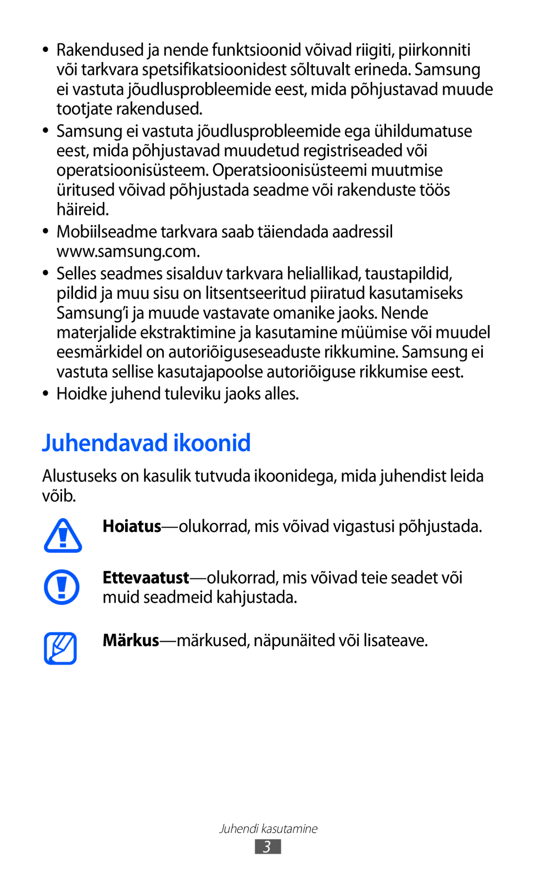 Samsung GT-S8500BAASEB manual Juhendavad ikoonid, Hoidke juhend tuleviku jaoks alles 