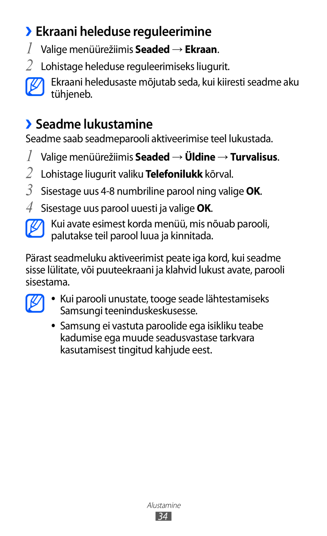 Samsung GT-S8500BAASEB manual ››Ekraani heleduse reguleerimine, ››Seadme lukustamine 