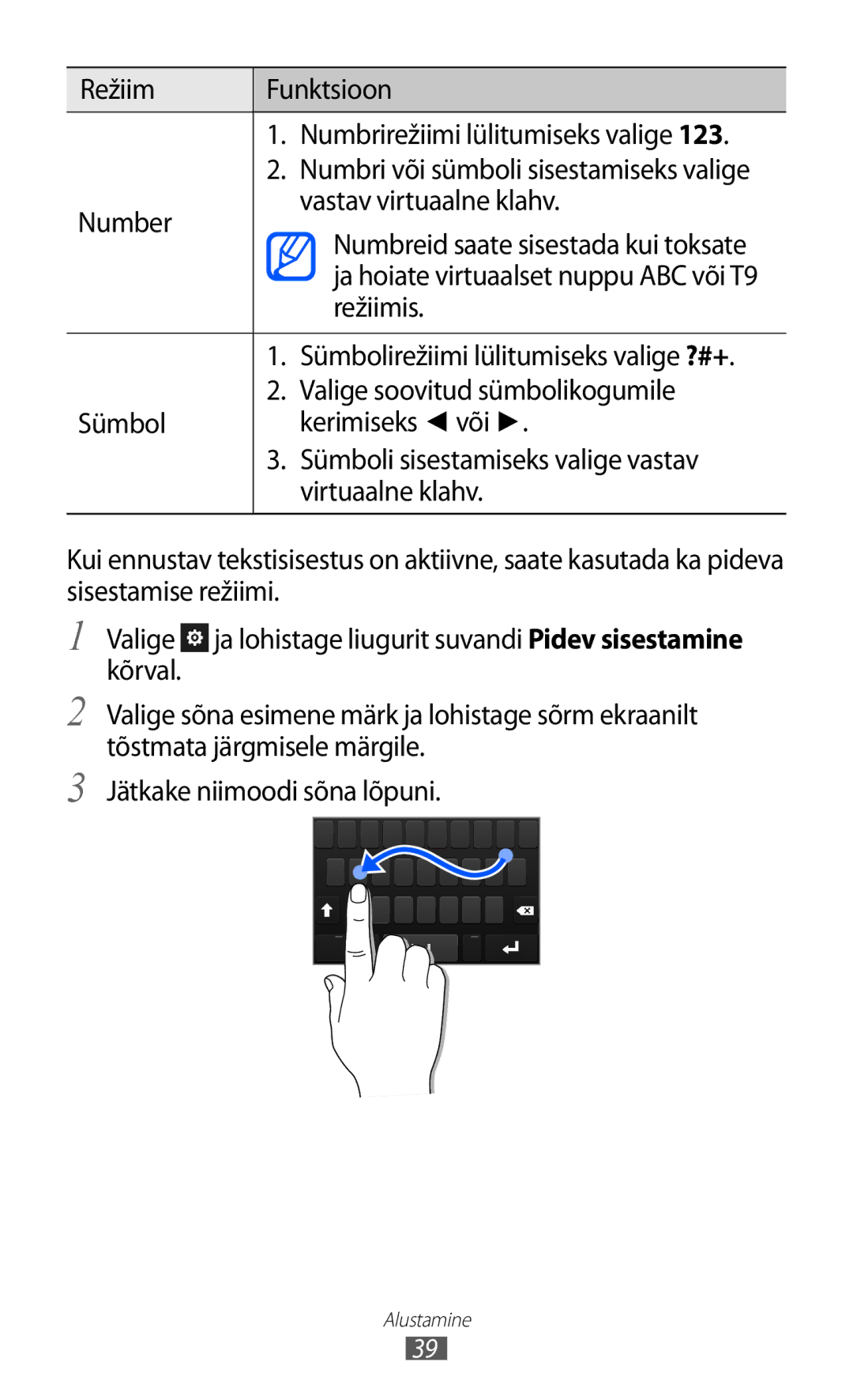 Samsung GT-S8500BAASEB manual Režiim Funktsioon Numbrirežiimi lülitumiseks valige, Number Vastav virtuaalne klahv, Režiimis 