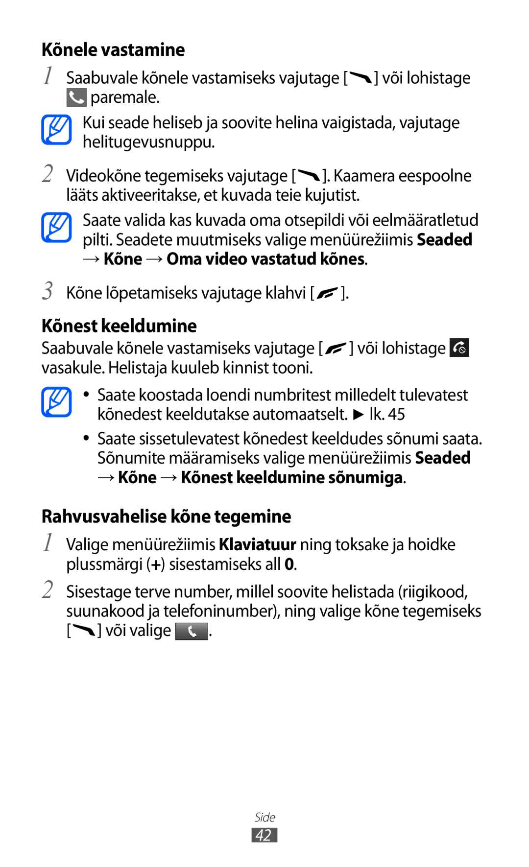 Samsung GT-S8500BAASEB manual → Kõne → Oma video vastatud kõnes, → Kõne → Kõnest keeldumine sõnumiga, Või valige 