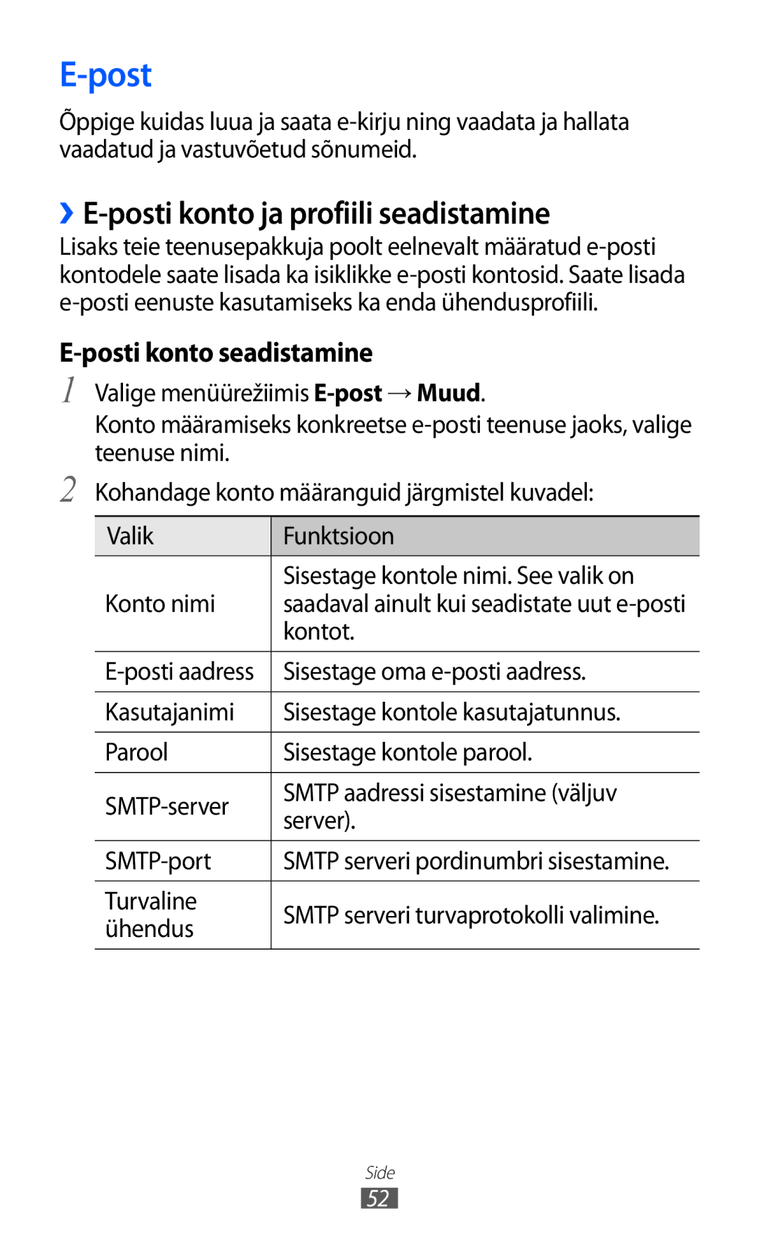 Samsung GT-S8500BAASEB manual Post, ››E-posti konto ja profiili seadistamine 