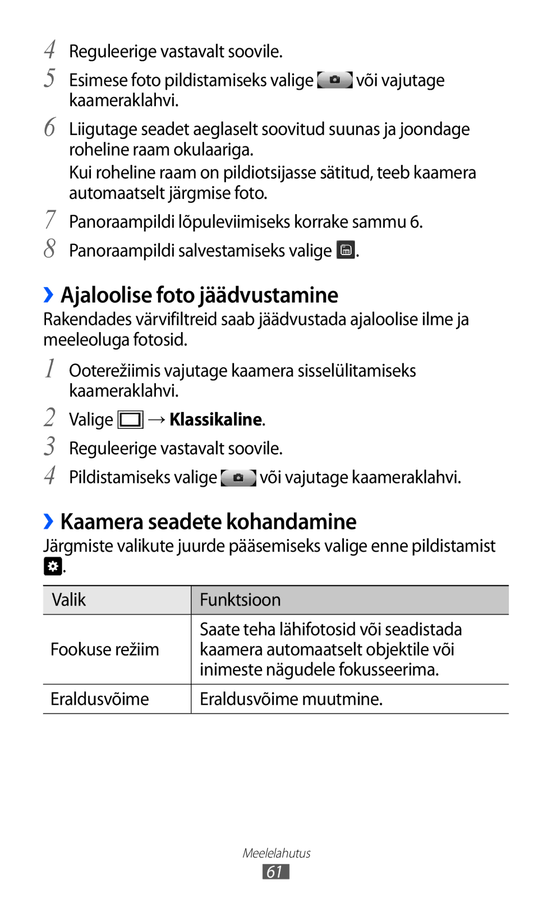 Samsung GT-S8500BAASEB manual ››Ajaloolise foto jäädvustamine, ››Kaamera seadete kohandamine, Valige → Klassikaline 