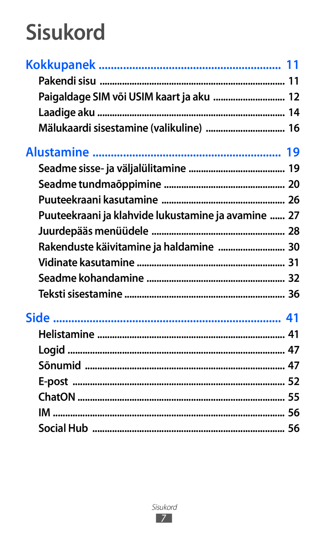 Samsung GT-S8500BAASEB manual Sisukord, Kokkupanek 