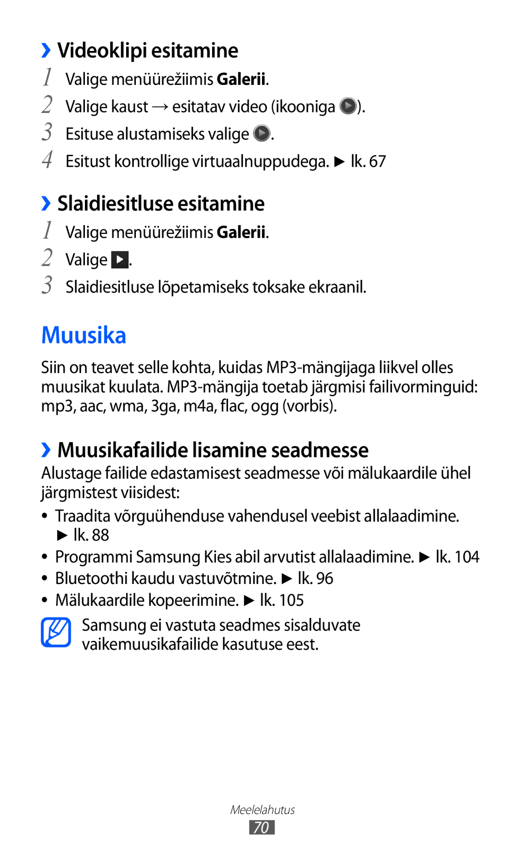 Samsung GT-S8500BAASEB manual ››Slaidiesitluse esitamine, ››Muusikafailide lisamine seadmesse 