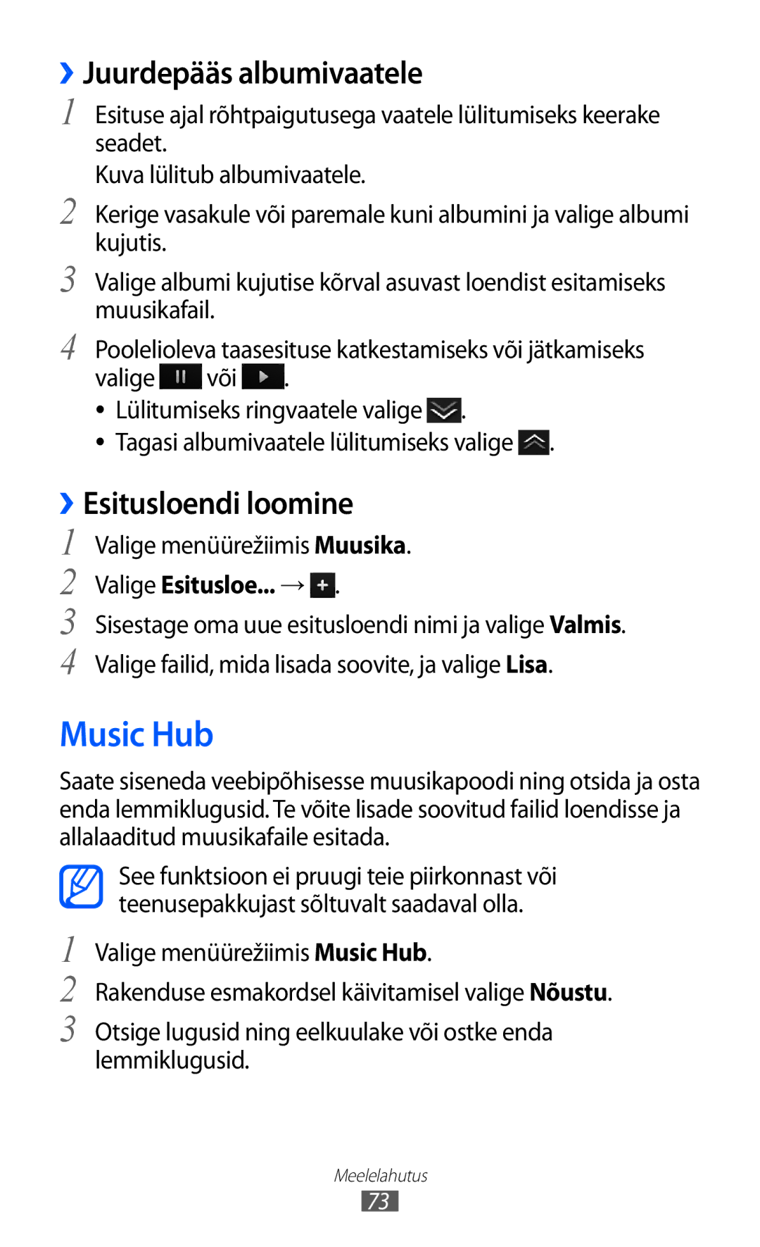 Samsung GT-S8500BAASEB manual Music Hub, ››Juurdepääs albumivaatele, ››Esitusloendi loomine, Valige Esitusloe... → 