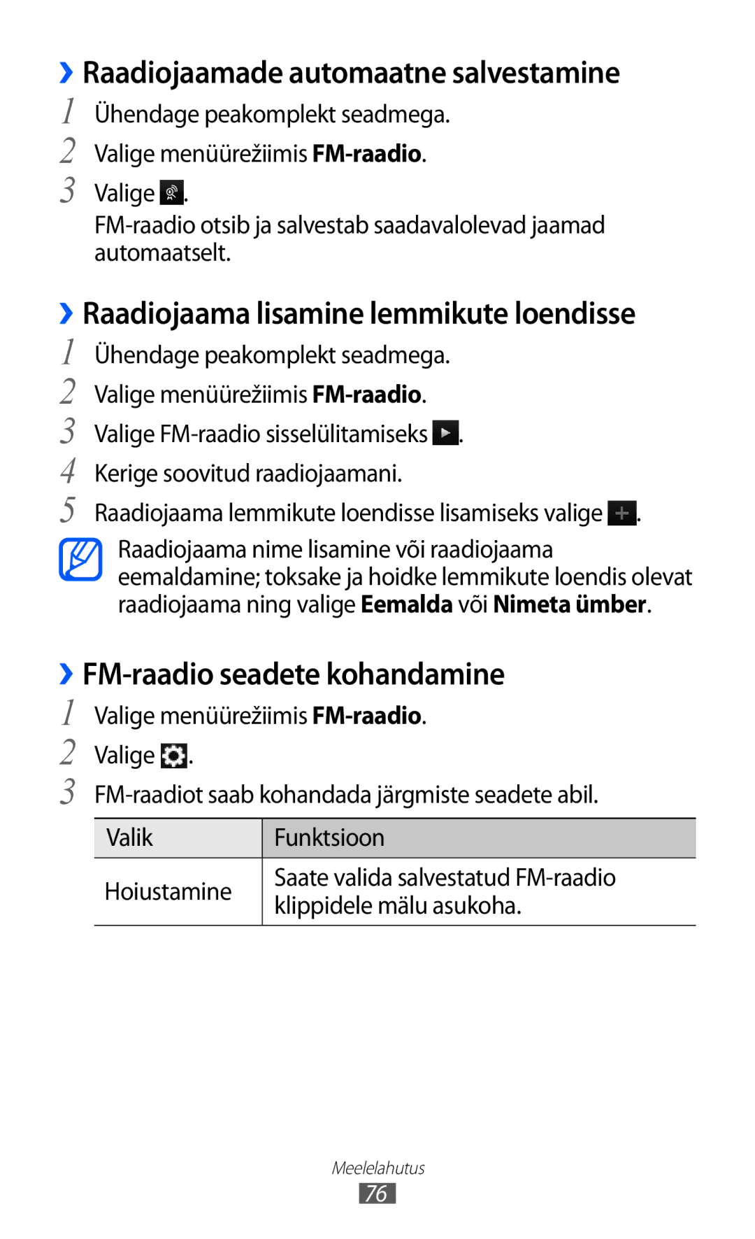 Samsung GT-S8500BAASEB manual ››Raadiojaamade automaatne salvestamine, ››FM-raadio seadete kohandamine 