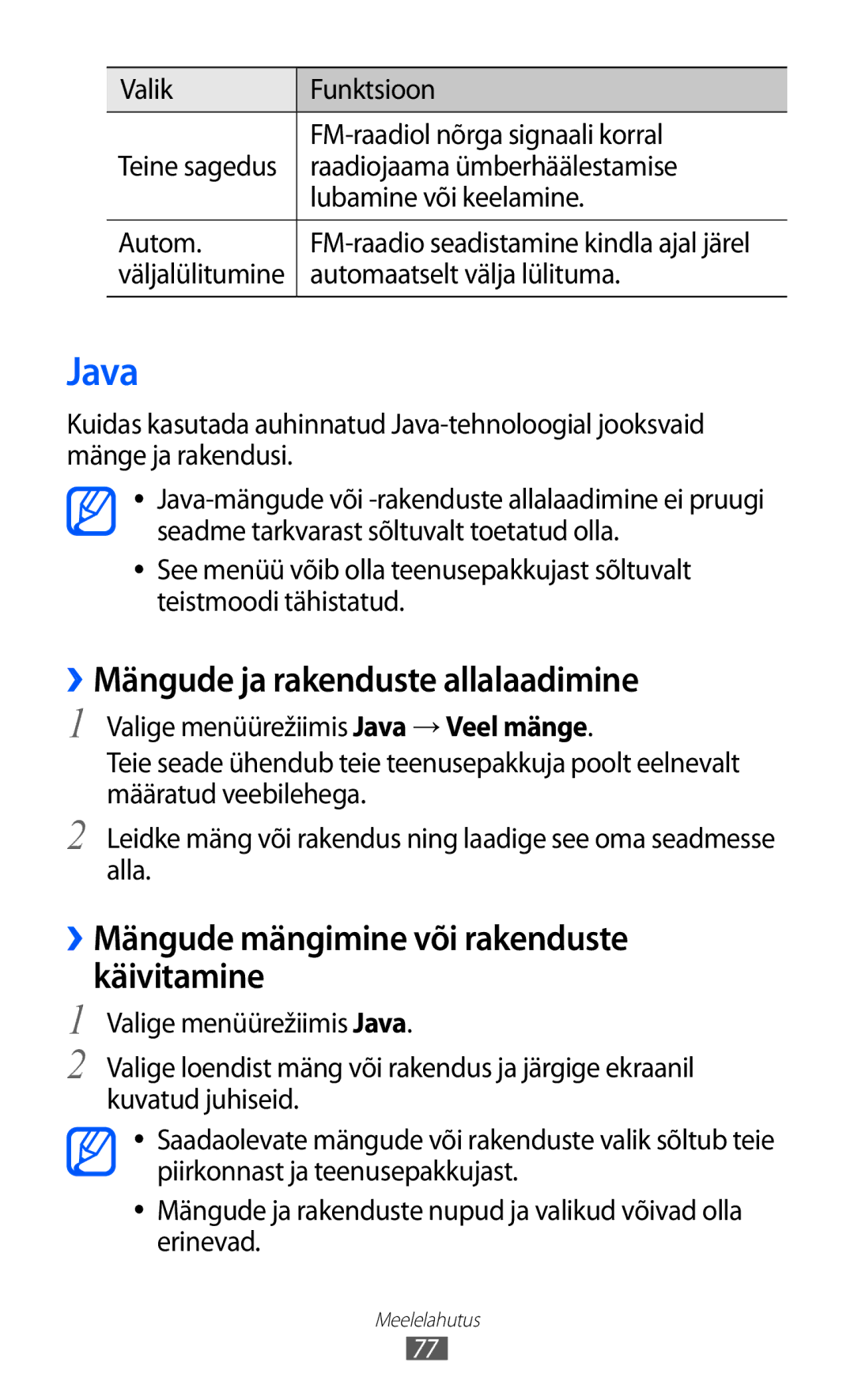 Samsung GT-S8500BAASEB manual Java, ››Mängude ja rakenduste allalaadimine, ››Mängude mängimine või rakenduste käivitamine 