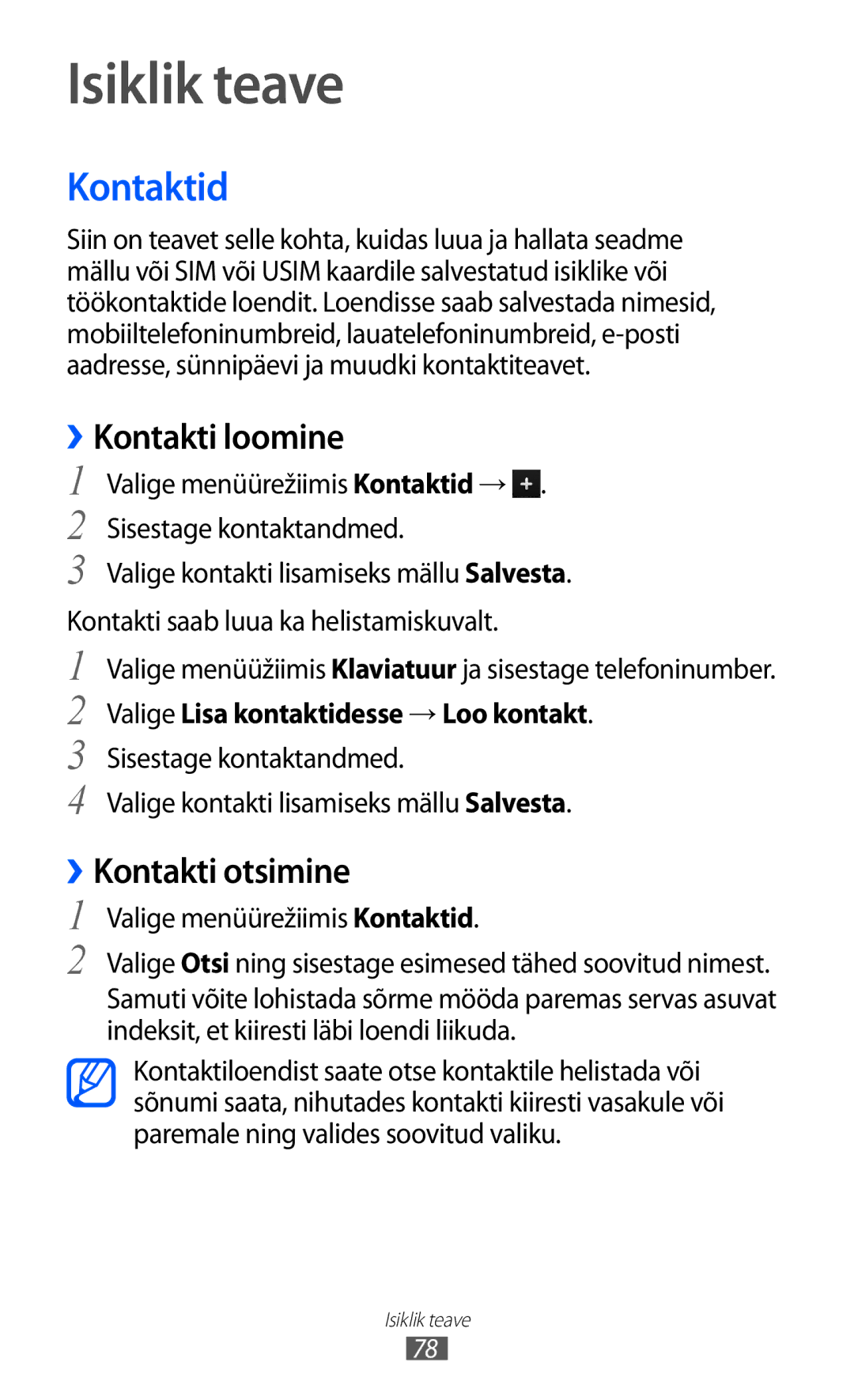 Samsung GT-S8500BAASEB manual Isiklik teave, Kontaktid, ››Kontakti loomine, ››Kontakti otsimine 