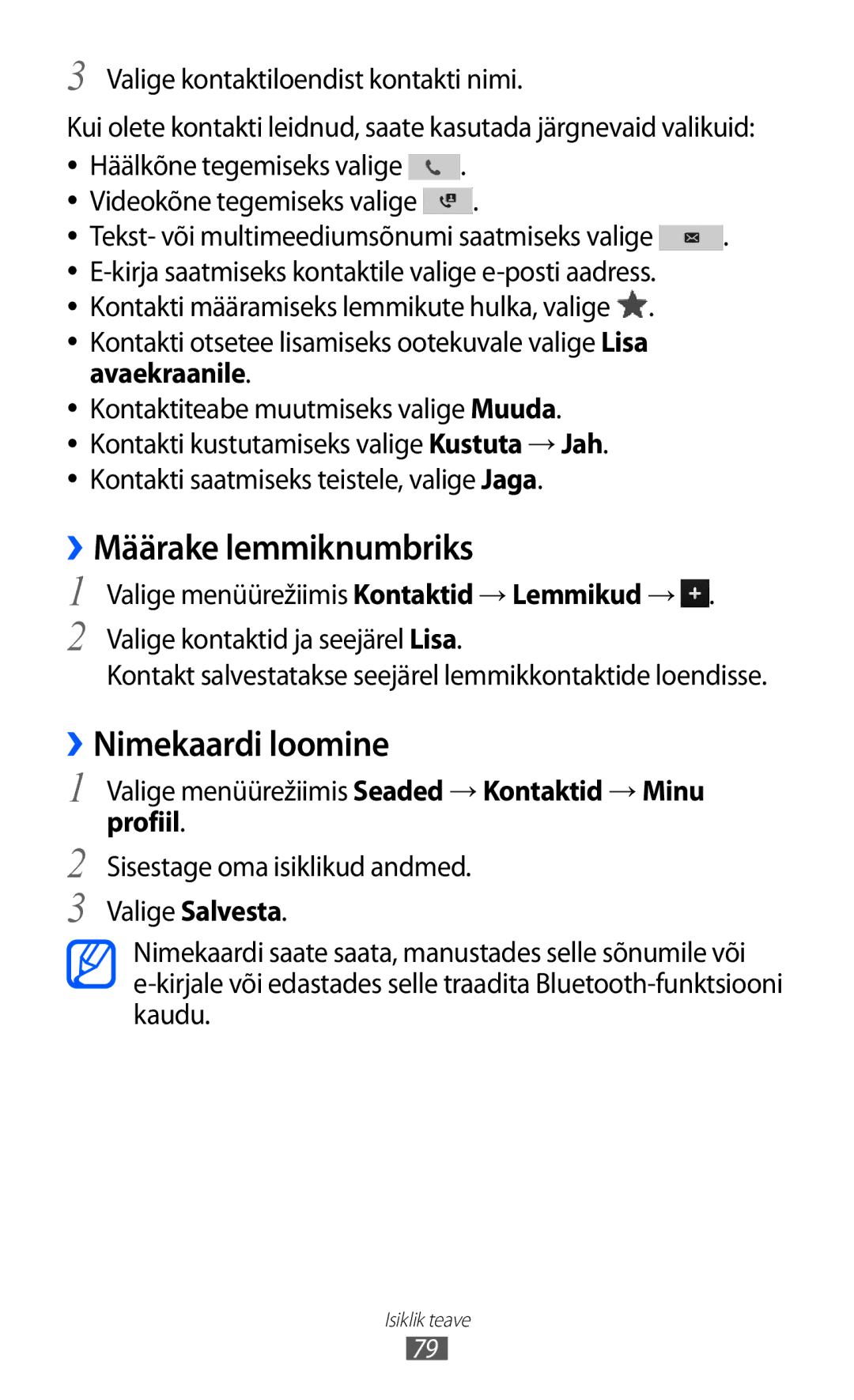 Samsung GT-S8500BAASEB manual ››Määrake lemmiknumbriks, ››Nimekaardi loomine, Avaekraanile, Profiil 