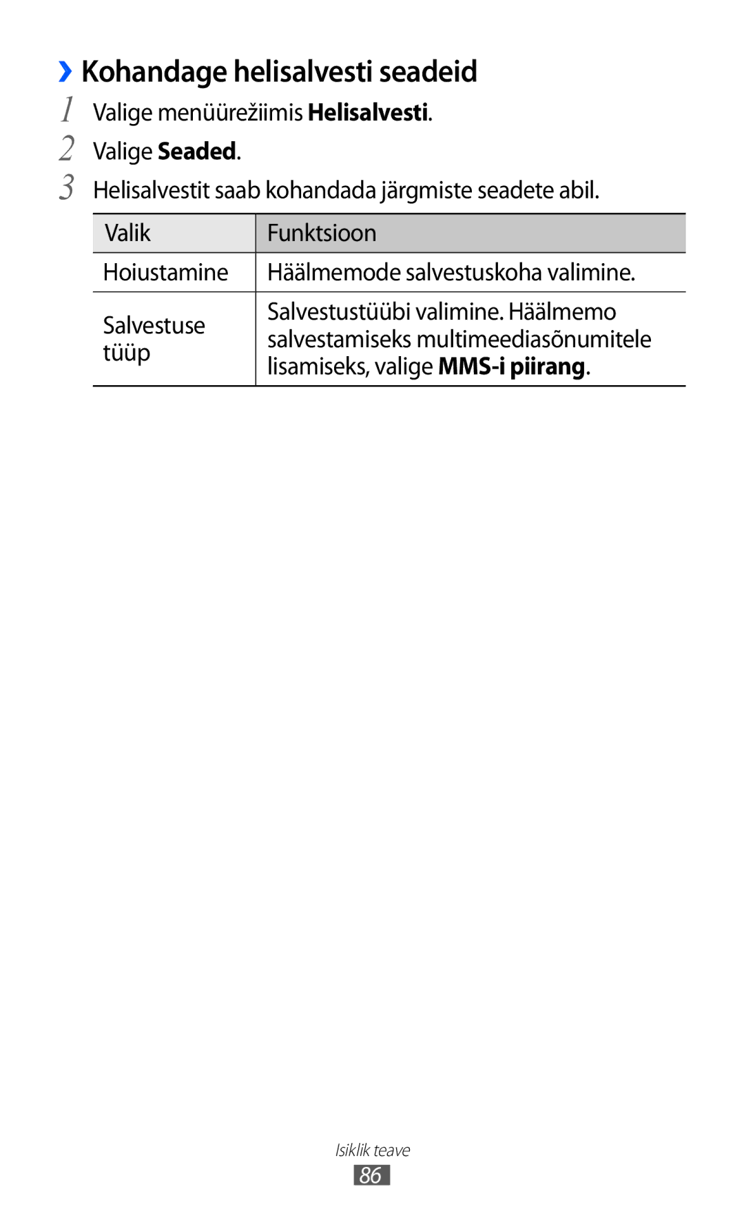 Samsung GT-S8500BAASEB manual ››Kohandage helisalvesti seadeid, Lisamiseks, valige MMS-i piirang 