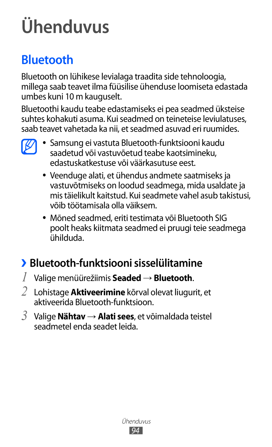 Samsung GT-S8500BAASEB manual Ühenduvus, ››Bluetooth-funktsiooni sisselülitamine 